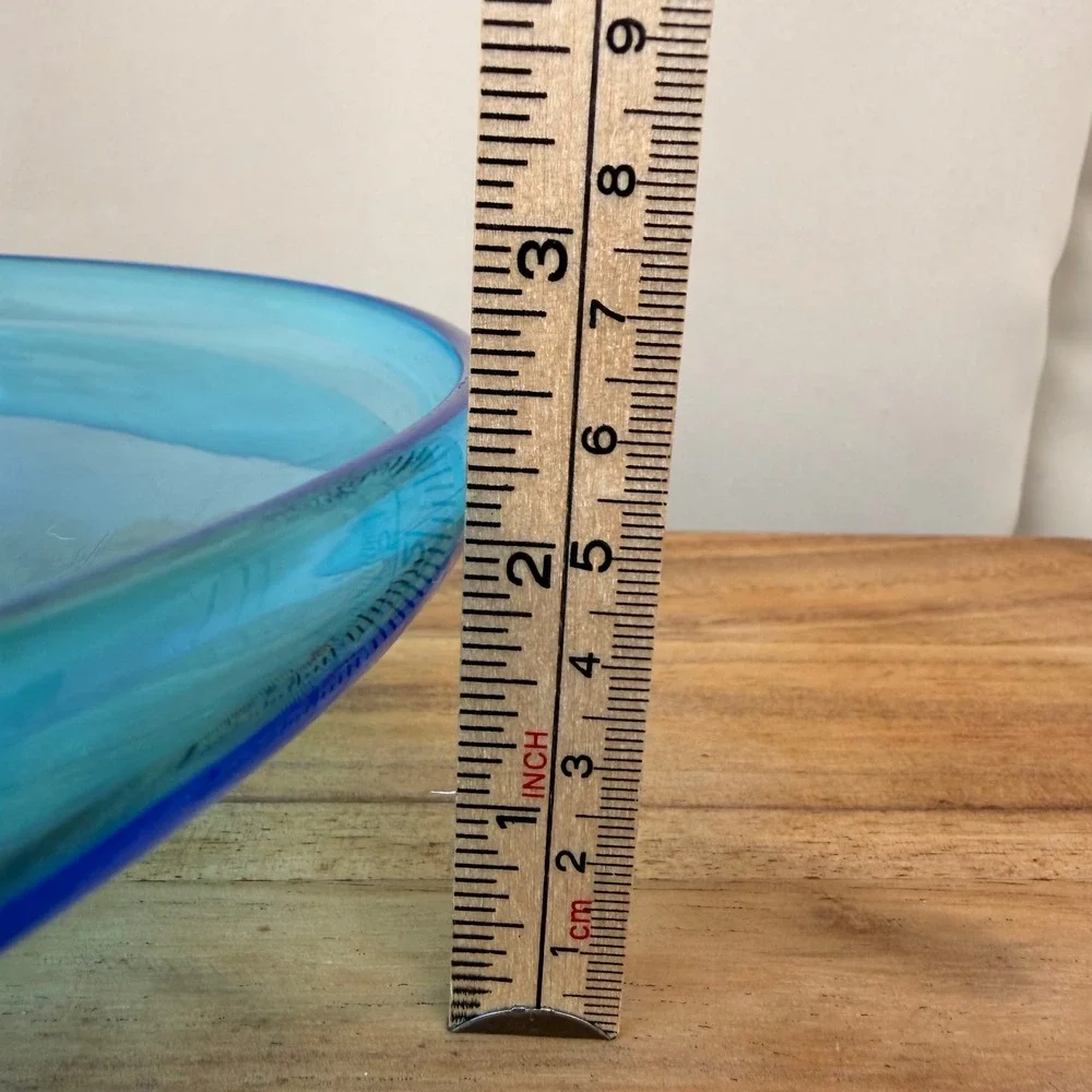 Vintage Aqua Blue Hand Blown Glass Cake Stand Pedestal Chip Dip Server 10 Inch